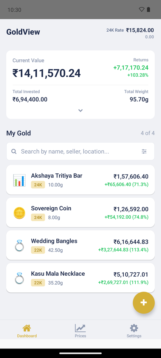 Dashboard showing portfolio summary and gold items